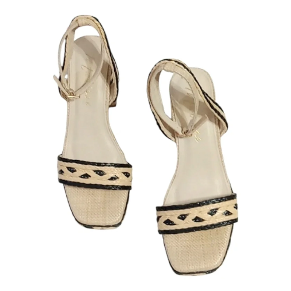 Matisse Lyla Woven Raffia Platform Sandals Natural/Black Block Heel Sz 8